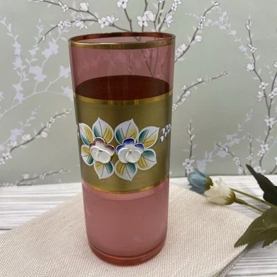 Antique Victorian Cranberry Glass with White Enamel Flower 5.5”H Painted - Image 1 of 4