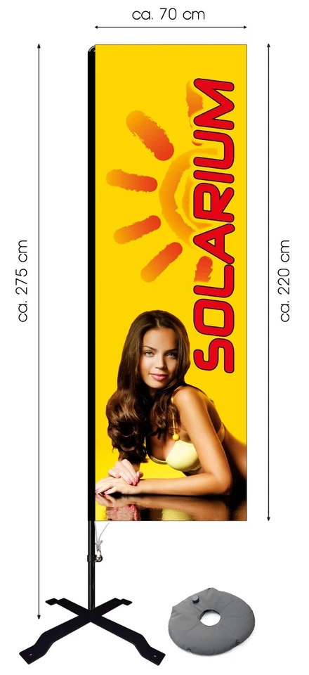 FELIXFLAGGEN Beachflag Solarium ca 275 cm hoch Werbung Flagge Sonnenstudio Fahne Nagel Banner