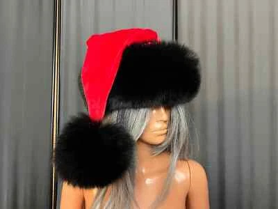 Santa Hat Blue fox fur in black with red velvet top and pompom (Saga Furs)  - Image 1 of 3