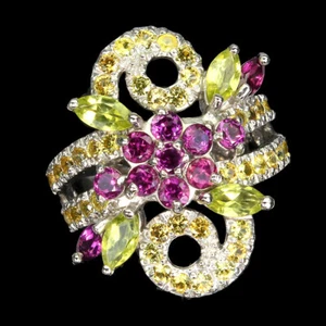Summer 925 Silver Ring Peridot Sapphire Rhodolite Gemstone Jewelry Size 8 - Picture 1 of 10