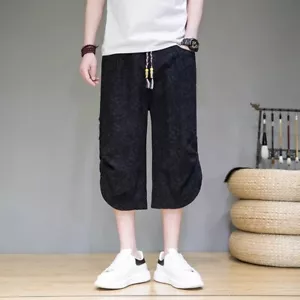 Men Japanese Ethnic Crop Pants Casual Wide-leg Trousers Cotton Linen Trousers - Picture 1 of 21