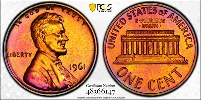 1961 TONED Lincoln Memorial Cent Proof PCGS PR66RB PF 66 Red Brown TONING Coin - Image 1 of 4