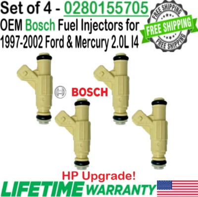 OEM Bosch 4 Pieces HP Upgrade Fuel Injectors for 1997-2002 Ford Escort 2.0L I4 - Image 1 of 4