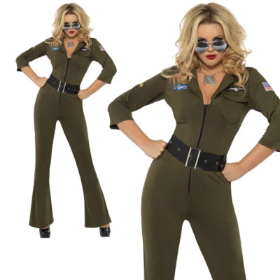 Damas Top Gun Disfraz de Aviador Años 80 Mujer Mujer Piloto Vestido Elegante Conjunto XS-M Foto 1 de 2