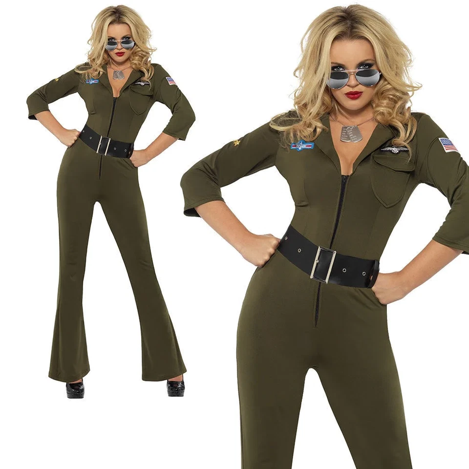 Damas Top Gun Disfraz de Aviador Años 80 Mujer Mujer Piloto Vestido Elegante Conjunto XS-M Foto 1 de 2