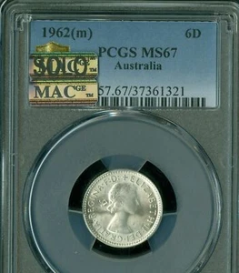 1962 AUSTRALIA SIX PENCE PCGS MS67 PQ MAC SOLO FINEST GRADE SPOTLESS * - Picture 1 of 2