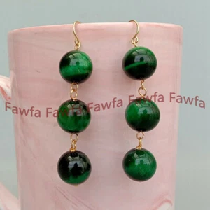 6/8/10/12mm Green Tigers Eye Smooth Round Gems Beads Dangle Gold Hook Earrings - Picture 1 of 9