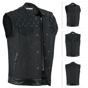 Men’s Motorcycle Club Vest Leather & Denim – SOA Biker Riding Gear, CCW Pockets - Picture 1 of 5