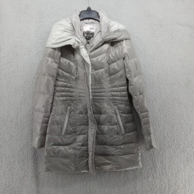 Chaqueta acolchada Kensie para mujer XS gris plata plumón con capucha cremallera a presión larga empaquetable Foto 1 de 4