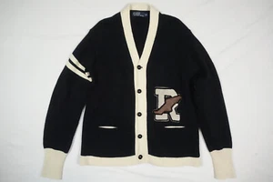 Polo Ralph Lauren Cardigan Sweater Rugby P Wing Linen Black Varsity Vintage XL - Picture 1 of 6