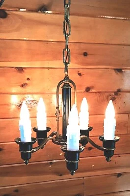 Antique 1920s 30s Chandelier Light Art Deco Machine Age Gatsby Cast Bronze Vtg - Image 1 of 4