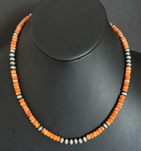 Sterling Silver Orange Spiny Oyster W Pearls Bead Necklace. 20 inch - Picture 1 of 12