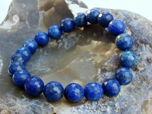 Women's Elastic Bracelet all 10mm LAPIS natural gemstone beads faceted 6.5inch - Picture 1 of 4
