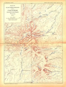 CLOUD PEAK, BIGHORN MTNS, WYOMING, GLACIATED REGION Antique Geological Map 1900 - Picture 1 of 1