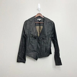 CAbi Waxed Linen Jacket Size Medium Women's Brown Gray Ruffle Button Down - Picture 1 of 6