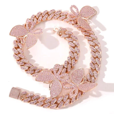 Ожерелье хип-хоп 12 мм мужское женское бабочка Miami кубинское звено затопленное льдом A9275 - Изображение 1 из 4