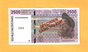 W.A.S/ CODE LETTER B FOR BENIN-SPECIMEN 00000000-2500 FRS-1992-PICK 212Bas, UNC. - Picture 1 of 2