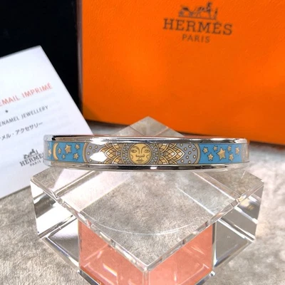 Brazalete Brazalete Vintage Hermes Esmalte Azul Gris Sol Plata Borde 65 con Caja Foto 1 de 4