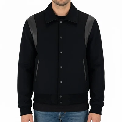 Varsity Letterman Black wool Black  leather Stripes Bomber Retro Baseball Jacket - Image 1 of 2