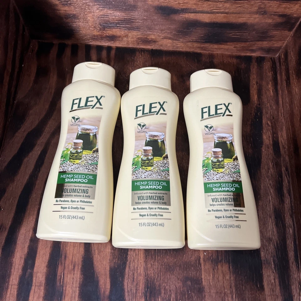 Champú de aceite de semilla de cáñamo Flex 15 fl oz extracto de hierbas voluminizador vegano sin tintes lote de 3 Foto 1 de 2