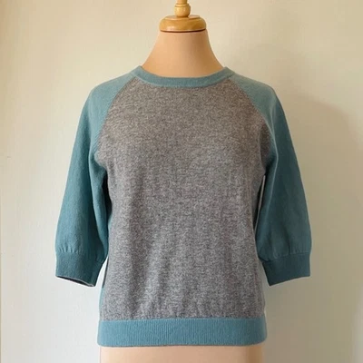 Allude Size S Aqua Blue & Gray 100% Cashmere Short Raglan Sleeve Sweater - Image 1 of 4
