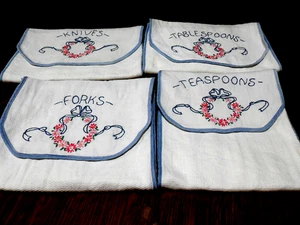 4 Vtg Embroidered  Silverware  Roll Storage Protectors  Handmade - Picture 1 of 11