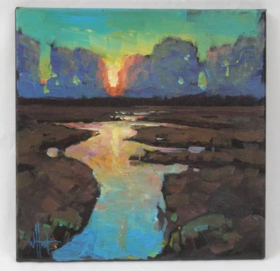 William Hawkins 12x12 Oil Painting Marsh Sunset Stream Reflection Listed Artist - Image 1 of 4