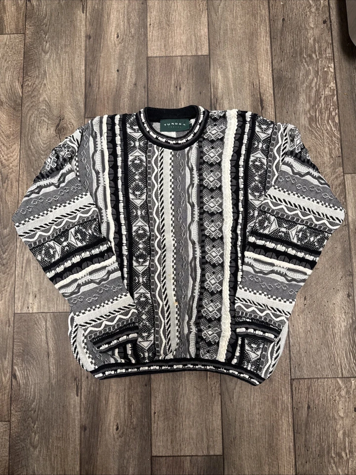 vintage 90s Tundra Cozy Knit 3D Sweater L Black White Grey Pullover Coogi Like - Image 1 of 4