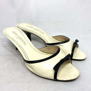 LOUIS VUITTON Ribbon Heel Sandals Mules Pumps Shoes Size EU 38 Ecru White 2503M - Picture 1 of 15