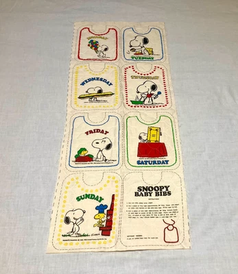 Vintage 1965 SNOOPY Peanuts Baby Bibs Panel Days Of Week Schulz Quilted Uncut - Image 1 of 4