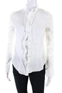 BCBGMAXAZRIA Womens Striped Print Ruffled Trim Button Down Shirt White Size XS - Picture 1 of 6