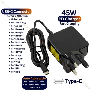 For USB-C 45W 5V2A 9V2A 12V2A 15V3A 20V2.25A Power Supply AC Adapter Charger PSU - Picture 1 of 3