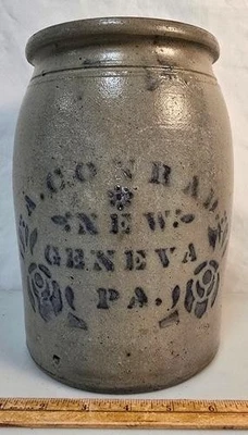 Antique 1800's A. CONRAD NEW GENEVA, PA Blue Decorated Crock Stenciled Roses - Image 1 of 4