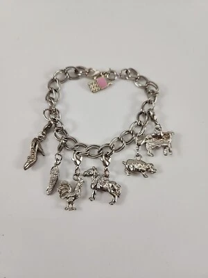 Berloques de animais de fazenda pulseira de metal cor prata 71/2" - Imagem 1 de 4