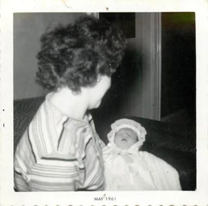 vintage Snapshot Baby in Bonnet Held By Mom Mother B/W 1961 note on back - Picture 1 of 2