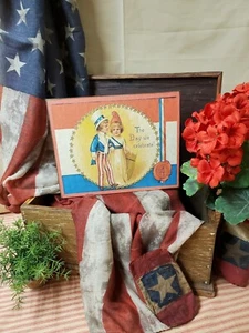 PRIMITIVE ANTIQUE VINTAGE VICTORIAN STYLE COLONIAL STYLE JULY 4TH BOY GIRL SIGN - Picture 1 of 7