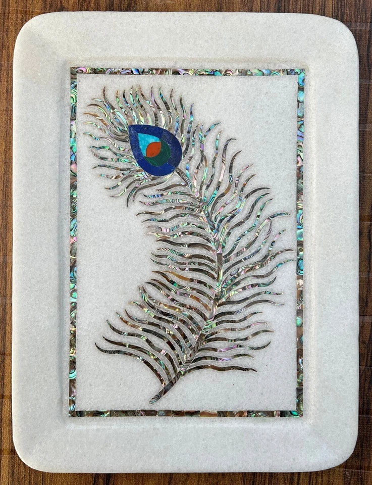 Marble Stone Serving Tray 9" X 12" Handmade Peacock mix Gemstone Inlay Work gift - Image 1 of 4