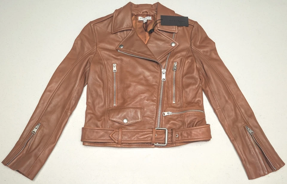 Chaqueta de Moto Gianni Bini Cuero Tostado Coñac Cuero Genuino Cinturón Cremallera $349 Foto 1 de 4