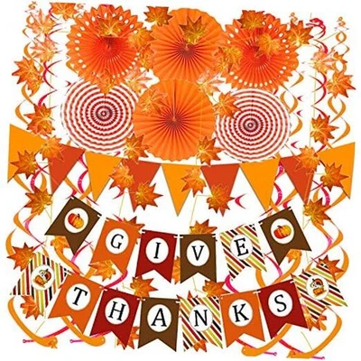 Give Thanks Banner Orange Paper Triangle Flag Bunting Maple Leaf Orange 2 Foto 1 de 4
