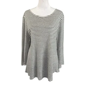 Chico's 2 Large 100% Linen Knit Top Button Back 3/4 Sleeve Black White Stripe - Picture 1 of 8