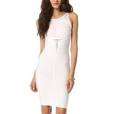 Herve Leger Brookelle Bandage Dress Size Medium Alabaster Scallop Trim Stretch - Image 1 of 4