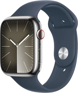 Apple Watch Series 9 SS GPS+CELL 45mm Silver Case S/M Storm Blue Sport Band - Zdjęcie 1 z 3
