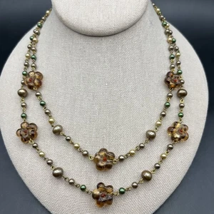 Lagenlook Kunstperlen Halskette Bernsteinfarben Kunstglas Blume Station Floral Retro - Bild 1 von 6