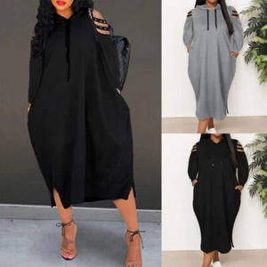 Plus Size Women Baggy Hooded Sweatshirt Dress Ladies Pocket Midi Shirt Dress UK - Picture 1 of 22