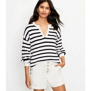 LOFT NWT White/Navy Striped Textured Split Neck Sweater XL - Picture 1 of 12