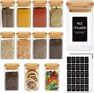 12Pcs Glass Spice Jars with Bamboo Lid, 8Oz Airtight Square Spice Containers Wit - Picture 1 of 9