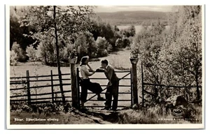 Tarjeta postal RPPC Saterjäntan's Sunday Pareja Hablando por Cerca en Granja Suecia - Imagen 1 de 2