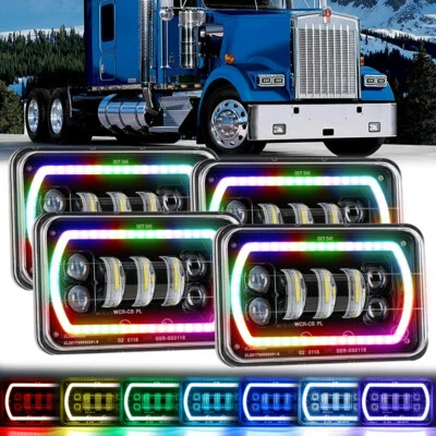 4pcs 4x6'' RGB LED Headlights Hi/Lo Beam DRL For Kenworth T400 T800 T600A W900 - Image 1 of 4