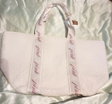 New 2023 Victoria Secret Ivory Fleece PINK Logo Strap Tote Large Bag
