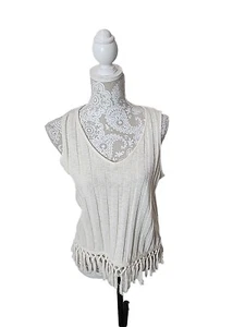 Anthropologie Eri + Ali Redonda Women Fringed Tassel Hem Tank Top in Cream Small - Picture 1 of 8